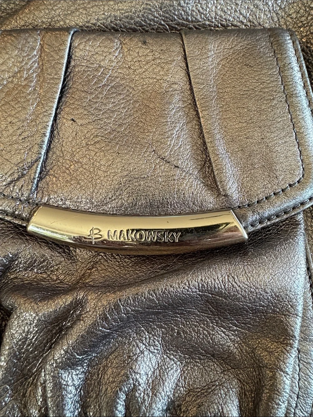 b. makowsky Metallic Gray Leather Hobo Shoulder Bag